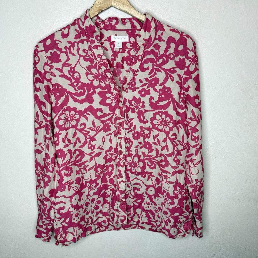 Charter Club Linen Pink Beige Floral‎ Button Up Shirt Roll Tab Sleeves Womens 10